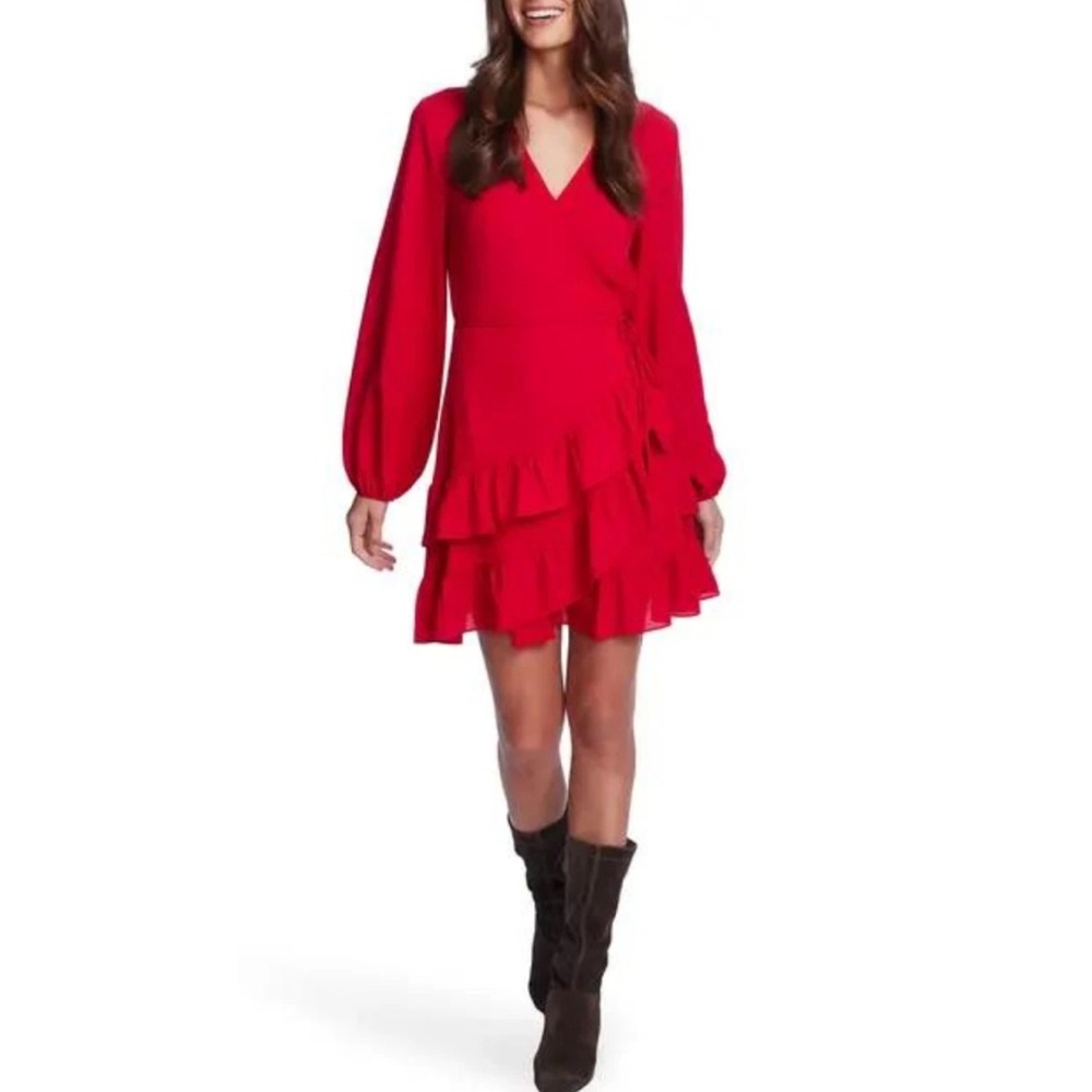 V-Neck Long Sleeve Ruffle Midi Dress - Red